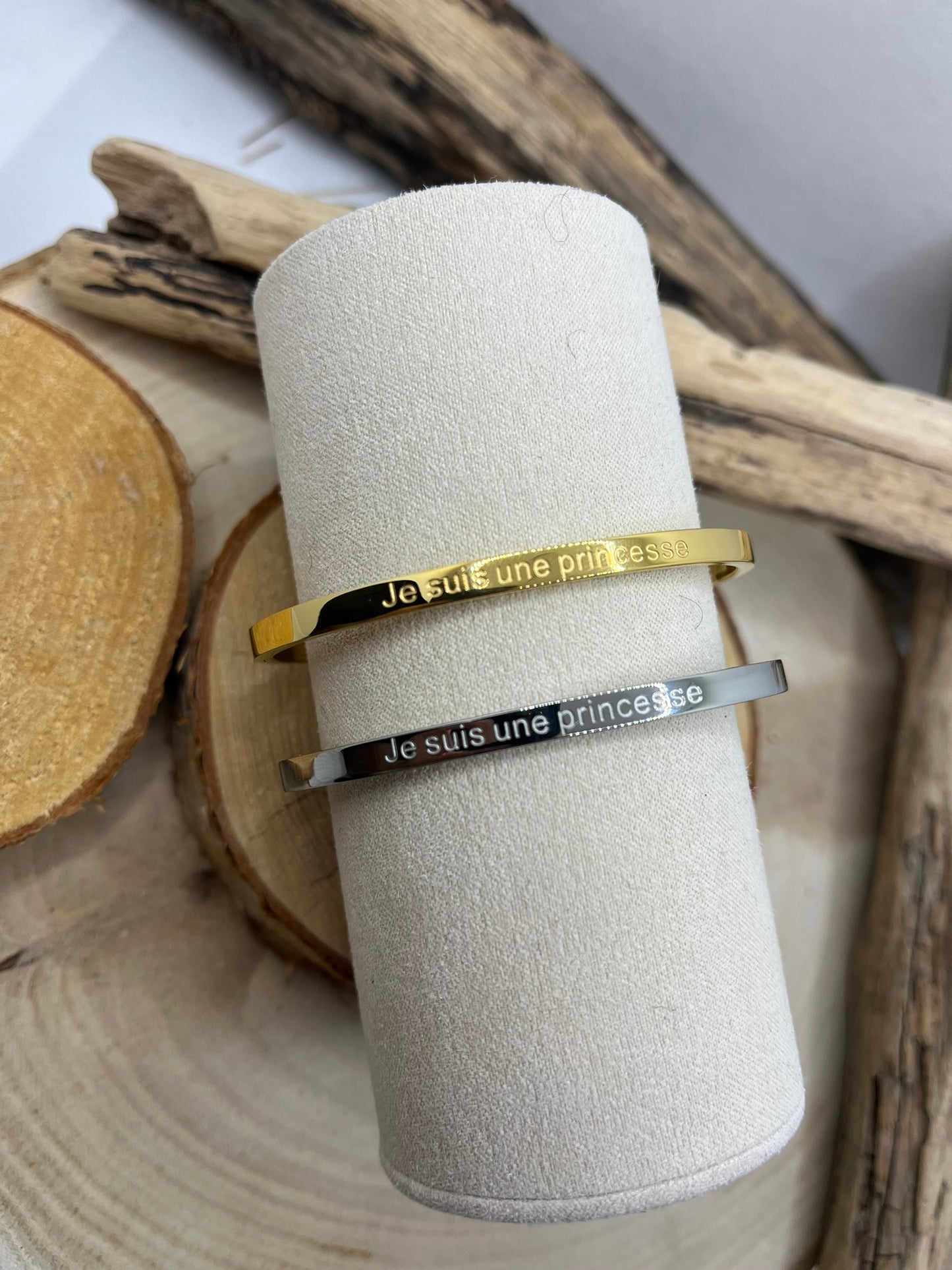 Bracelet Jonc à Message ( Je suis une Princesse ) - Acier inoxydable Doré et Argenté