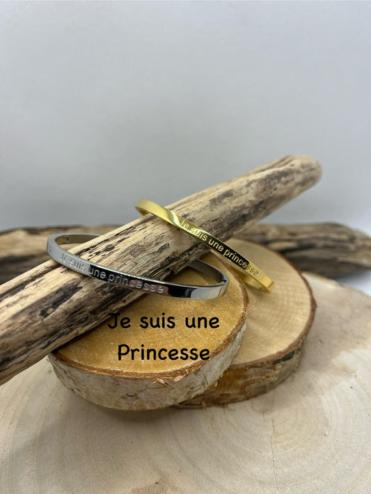 Bracelet Jonc à Message ( Je suis une Princesse ) - Acier inoxydable Doré et Argenté
