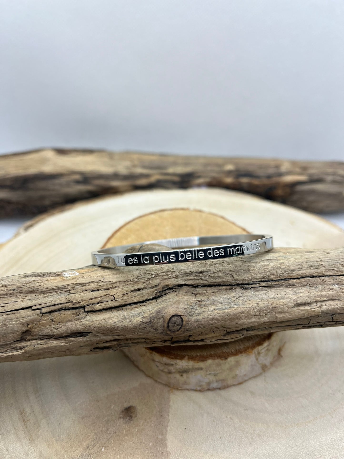 Bracelet jonc à message (Tu es la plus belle des mamans) - Acier inoxydable Doré et Argenté