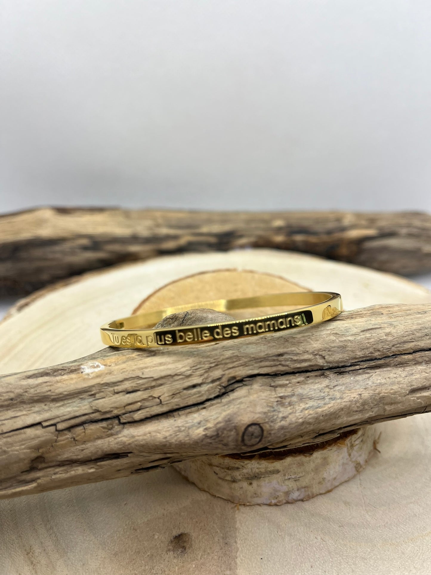 Bracelet jonc à message (Tu es la plus belle des mamans) - Acier inoxydable Doré et Argenté
