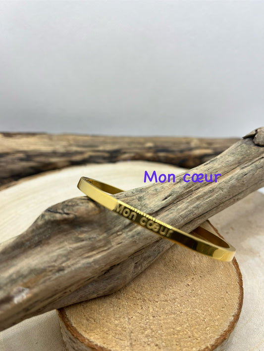Bracelet jonc à message ( Mon coeur ) - Acier inoxydable Doré