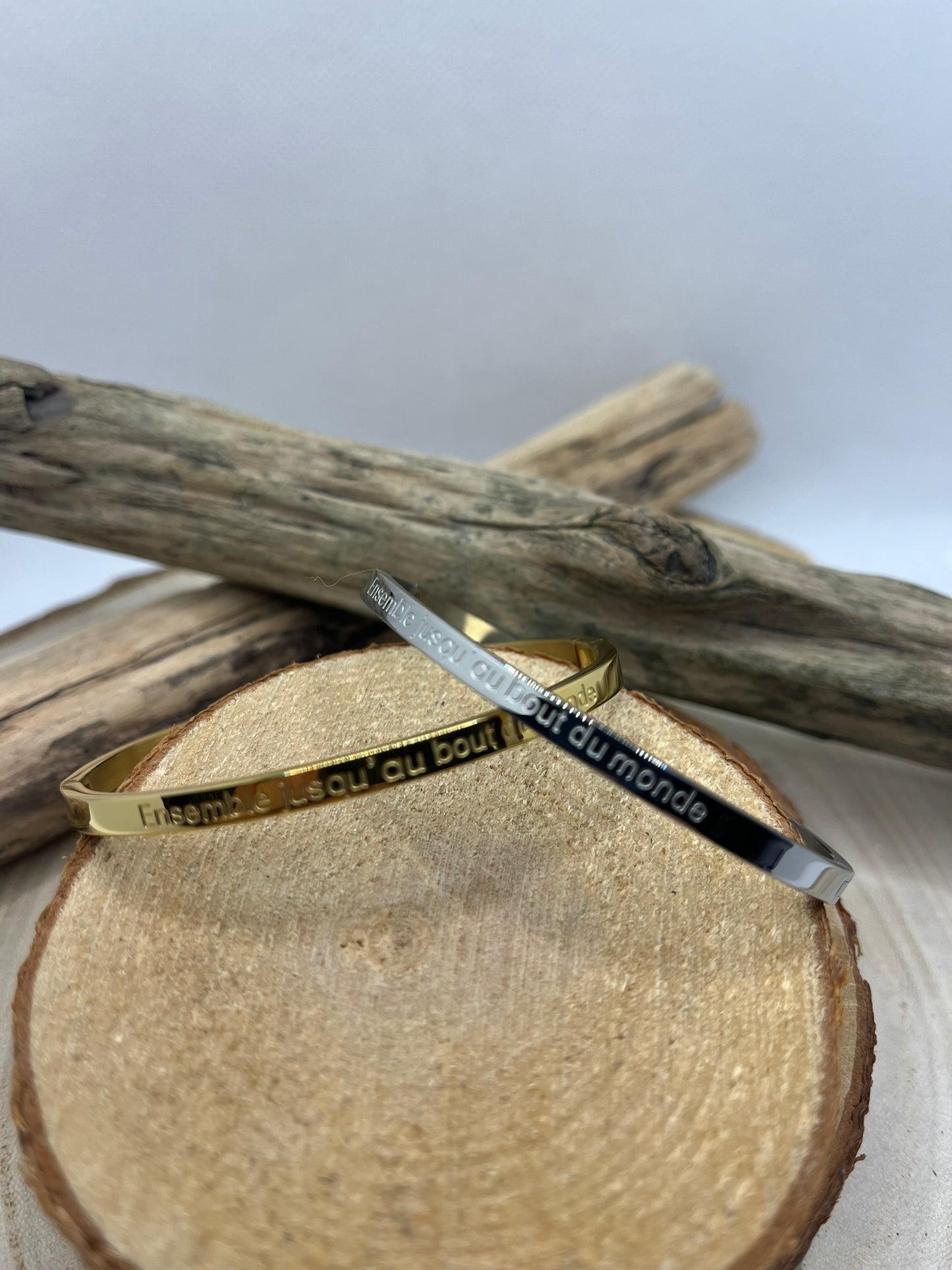Bracelet jonc à méssage ( Ensemble jusqu'au bout du monde ) Acier inoxydable Doré ou en Argenté