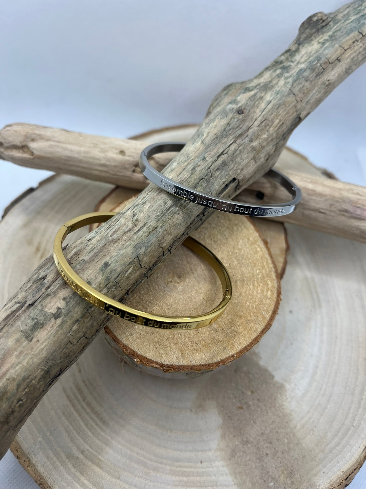 Bracelet jonc à méssage ( Ensemble jusqu'au bout du monde ) Acier inoxydable Doré ou en Argenté