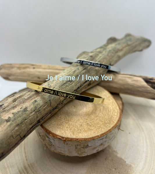 Bracelet jonc à méssage ( Je t'aime / I Love You ) Acier inoxydable Doré ou en Argenté