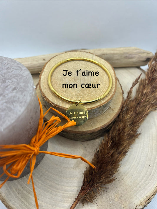 Bracelet jonc à méssage médaillon ( Je t'aime mon coeur ) Acier inoxydable Doré