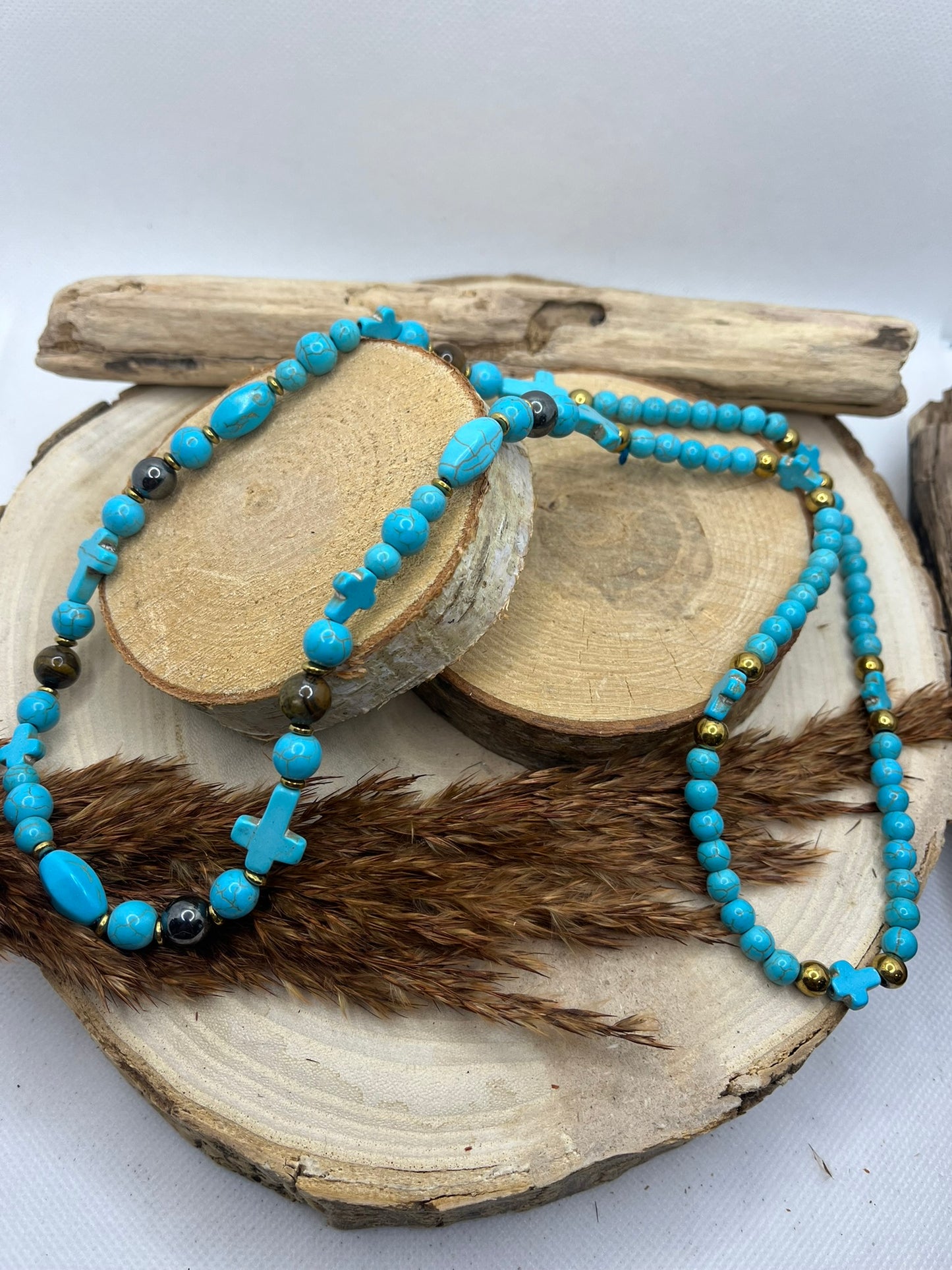 Collier Pierre Naturelle Turquoise, oeil de tigre et hématite