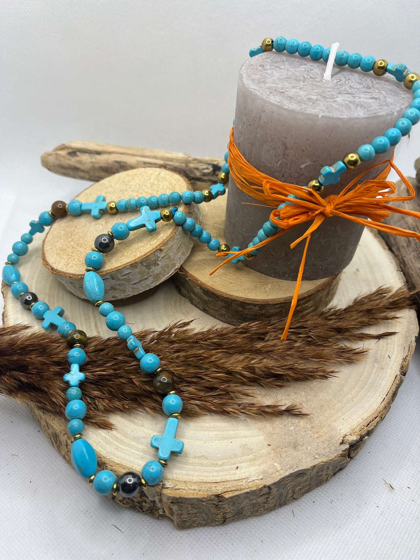 Collier Pierre Naturelle Turquoise, oeil de tigre et hématite
