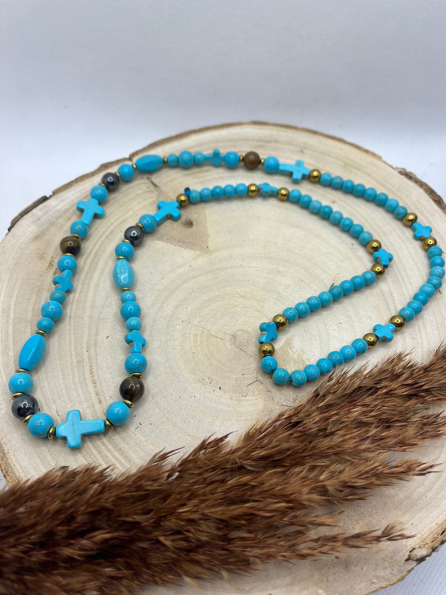 Collier Pierre Naturelle Turquoise, oeil de tigre et hématite