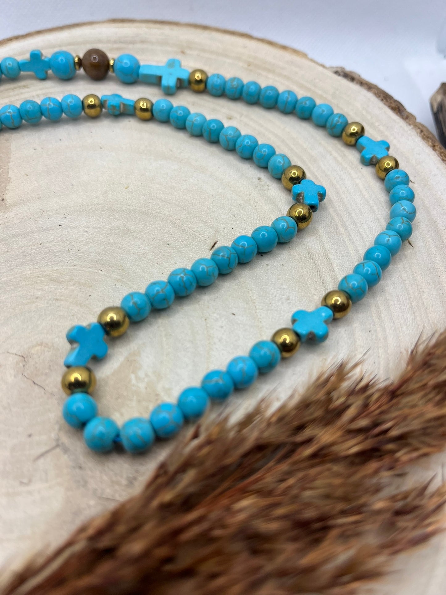 Collier Pierre Naturelle Turquoise, oeil de tigre et hématite