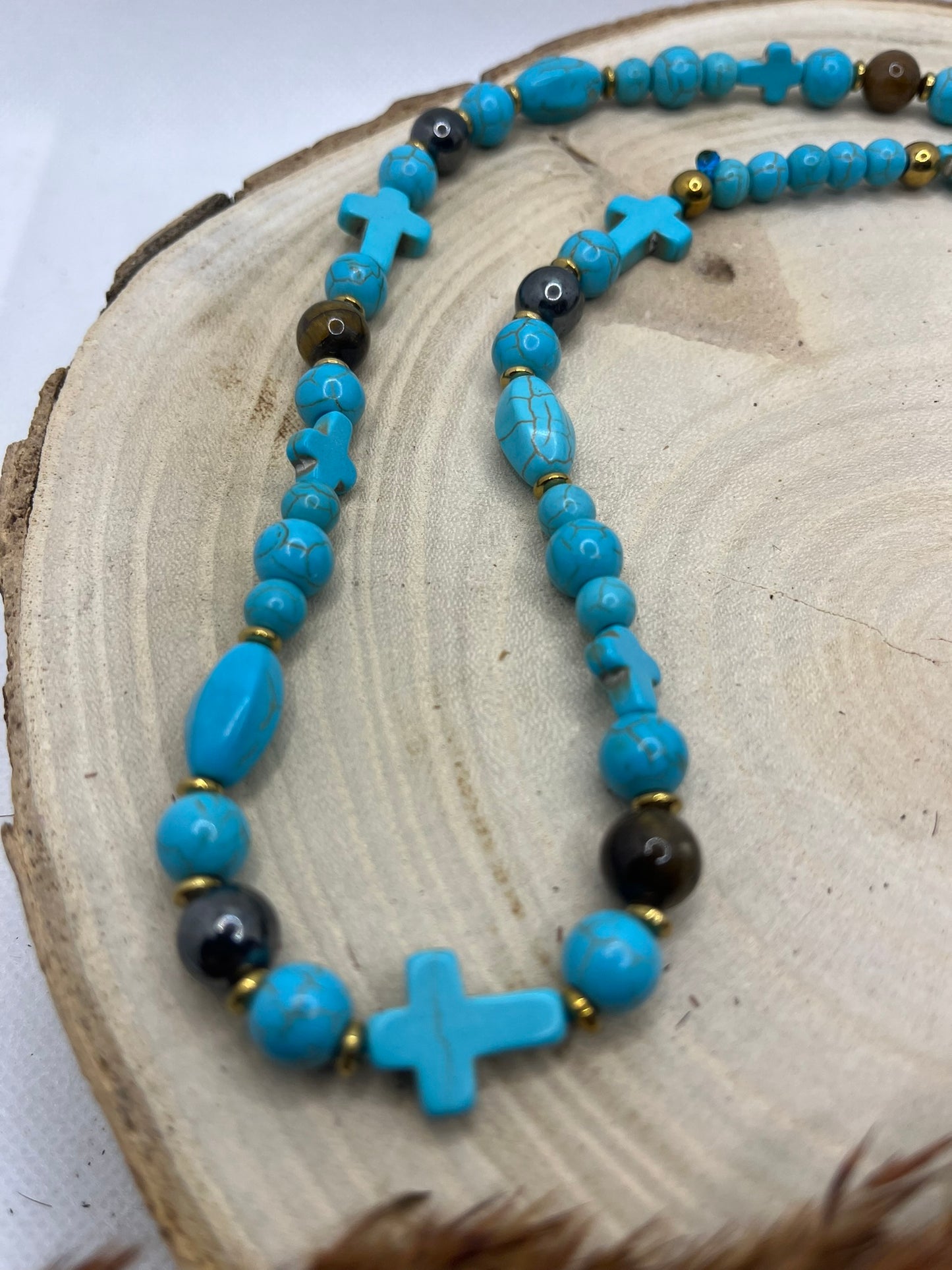 Collier Pierre Naturelle Turquoise, oeil de tigre et hématite