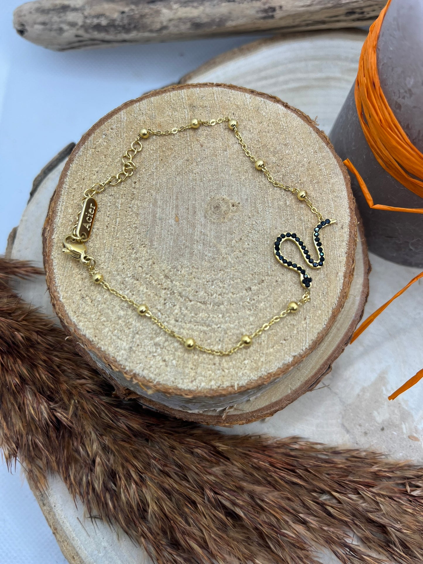 Bracelet chaine fine serpent avec strass - Acier inoxydable Doré ou en Argenté