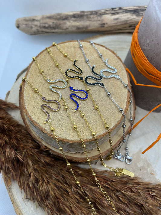 Bracelet chaine fine serpent avec strass - Acier inoxydable Doré ou en Argenté