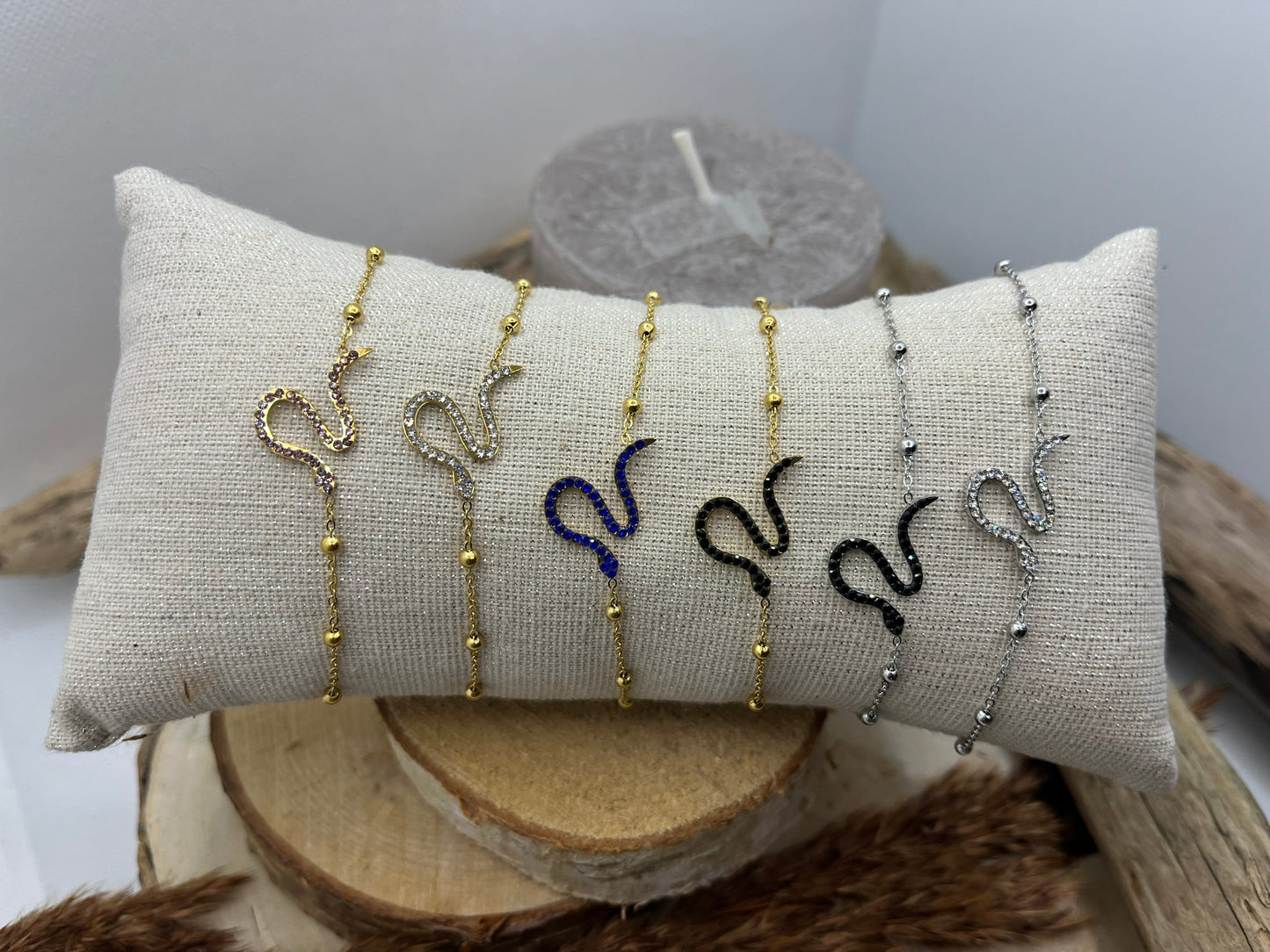 Bracelet chaine fine serpent avec strass - Acier inoxydable Doré ou en Argenté