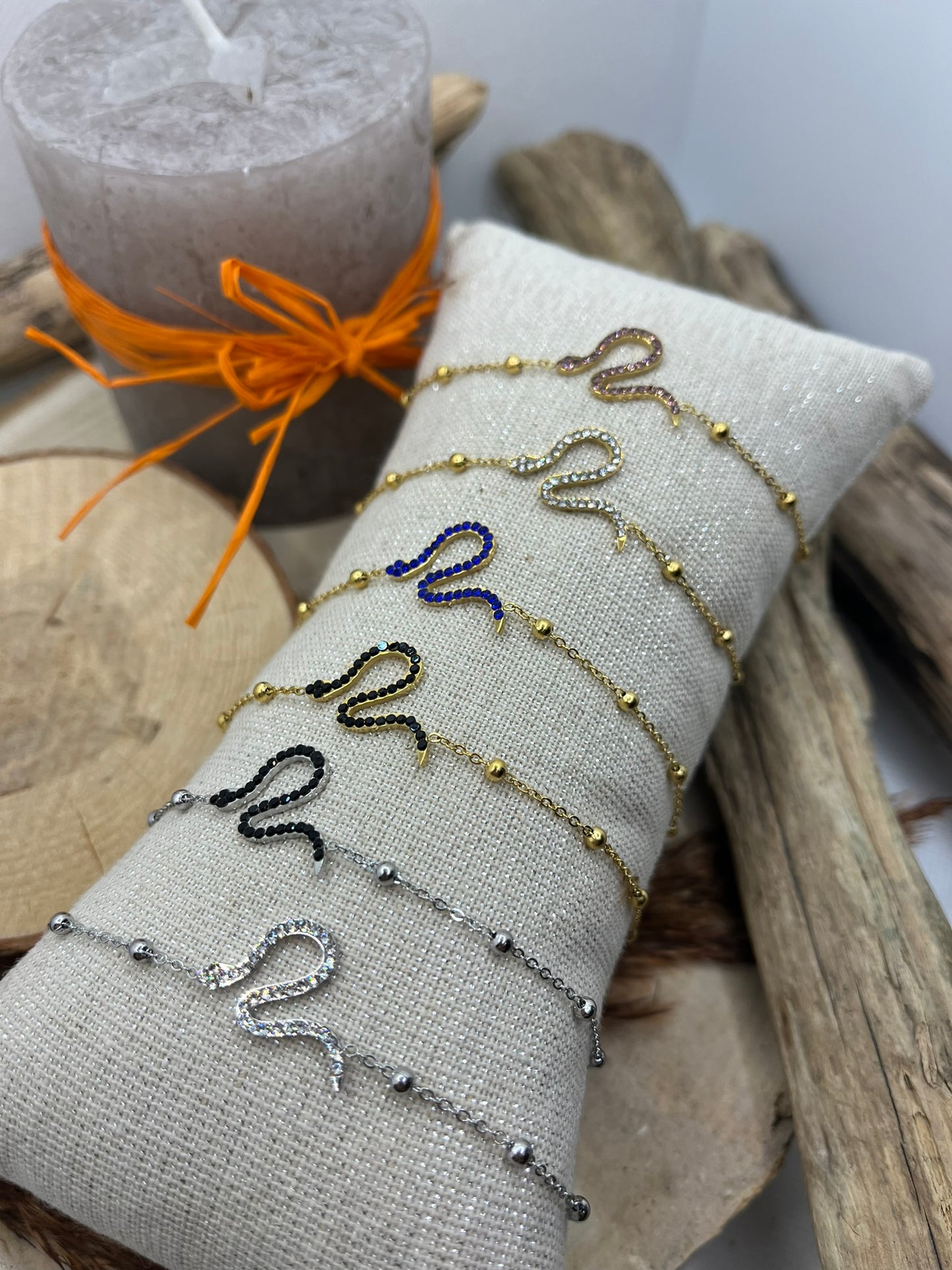 Bracelet chaine fine serpent avec strass - Acier inoxydable Doré ou en Argenté