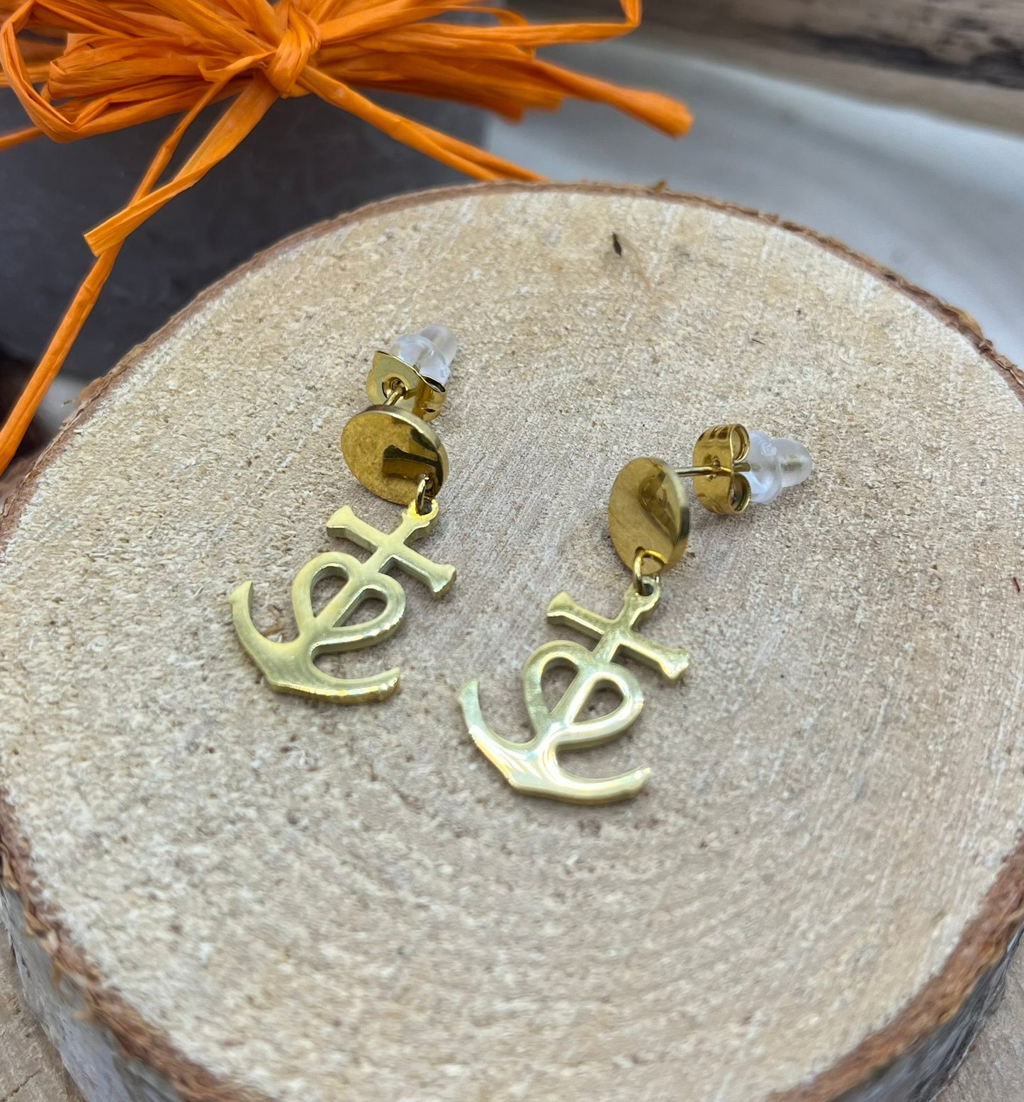Boucles d'oreilles pendentif Croix de Camargue - Acier inoxydable Doré