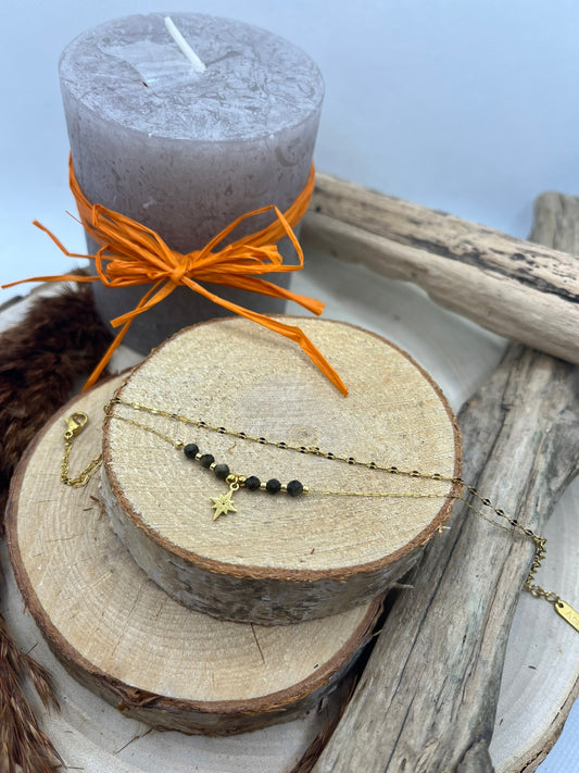 Bracelet sur deux chaine ornés de perles et d'un pendentif - Acier inoxydable Doré