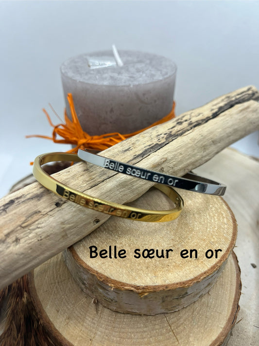 Bracelet Jonc à message ( Belle soeur en or ) - Acier inoxydable Doré - Argenté