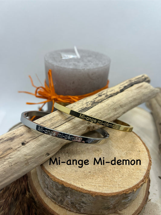 Bracelet Jonc à message ( Mi-ange Mi-démon ) Acier inoxydable Doré ou en Argenté