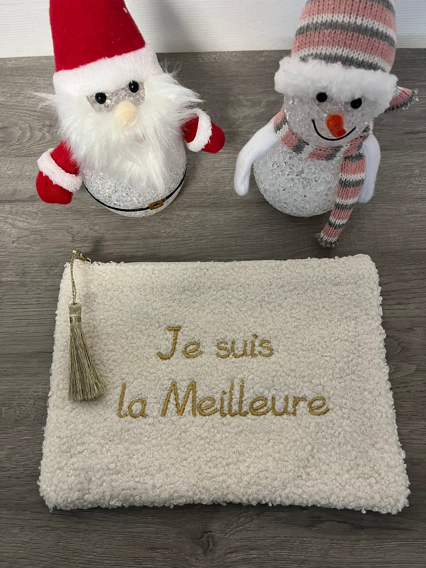Trousse Pochette à message (JE SUIS LA MEILLEURE) douce avec pompon doré - fermeture éclaire, idée cadeau pour femme et pour fille