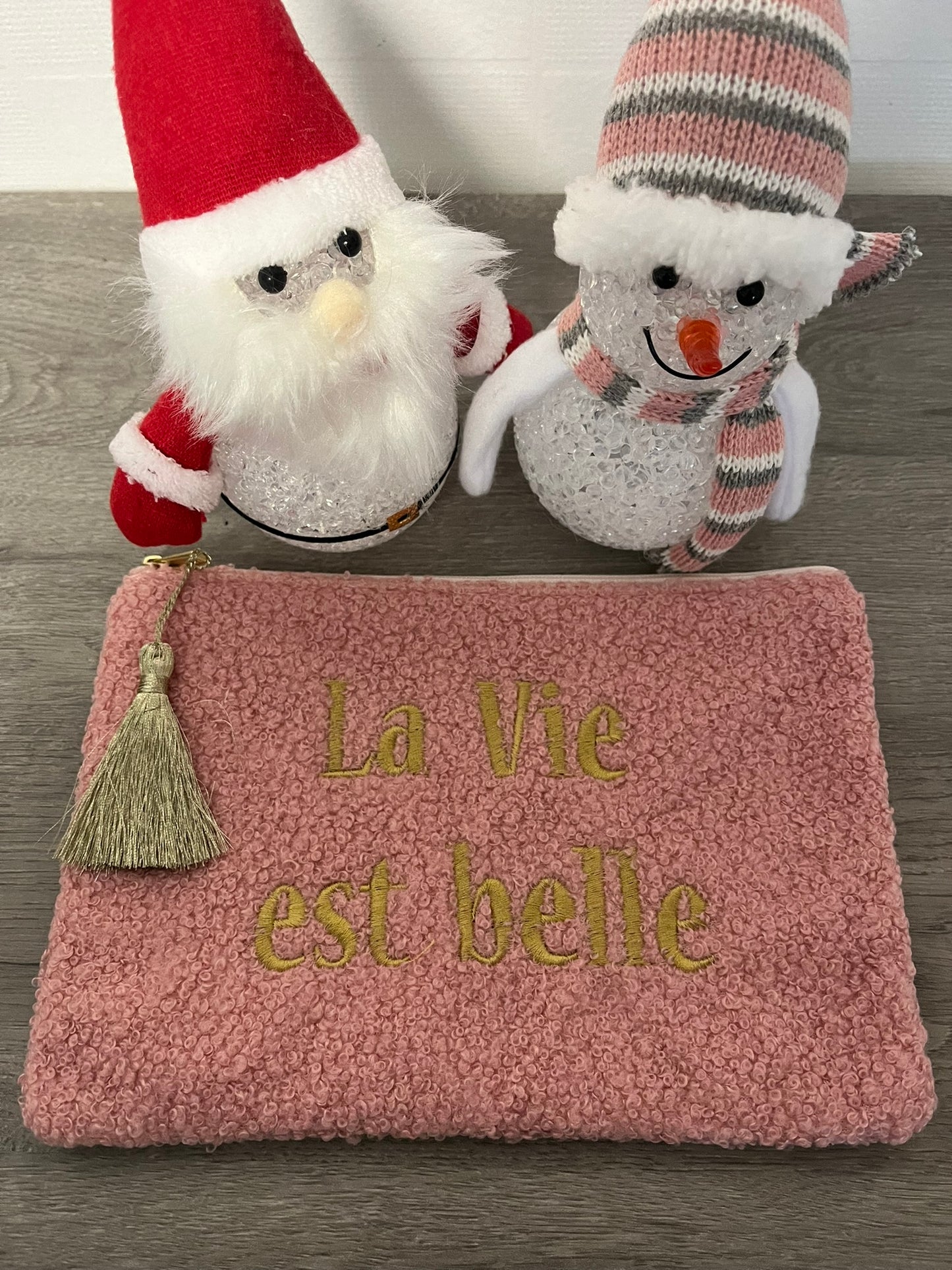 Trousse Pochette à Message ( LA VIE EST BELLE ) douce fausse fourrure avec pompon doré - fermeture éclair, idée cadeau pour femme et pour fille