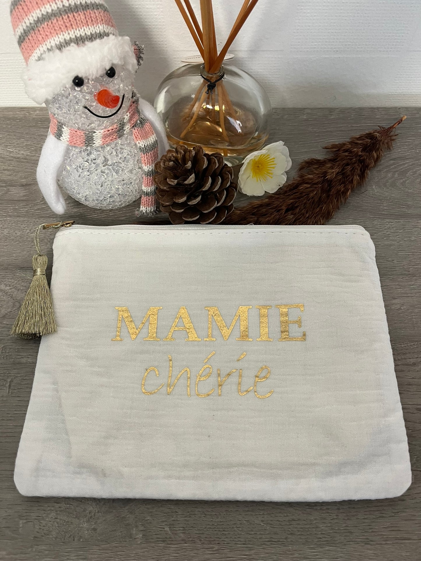 Trousse Pochette à message ( Mamie Chèrie - Mamie d'Amour ) avec Pompon doré - Fermeture éclair - idée cadeau pour femme