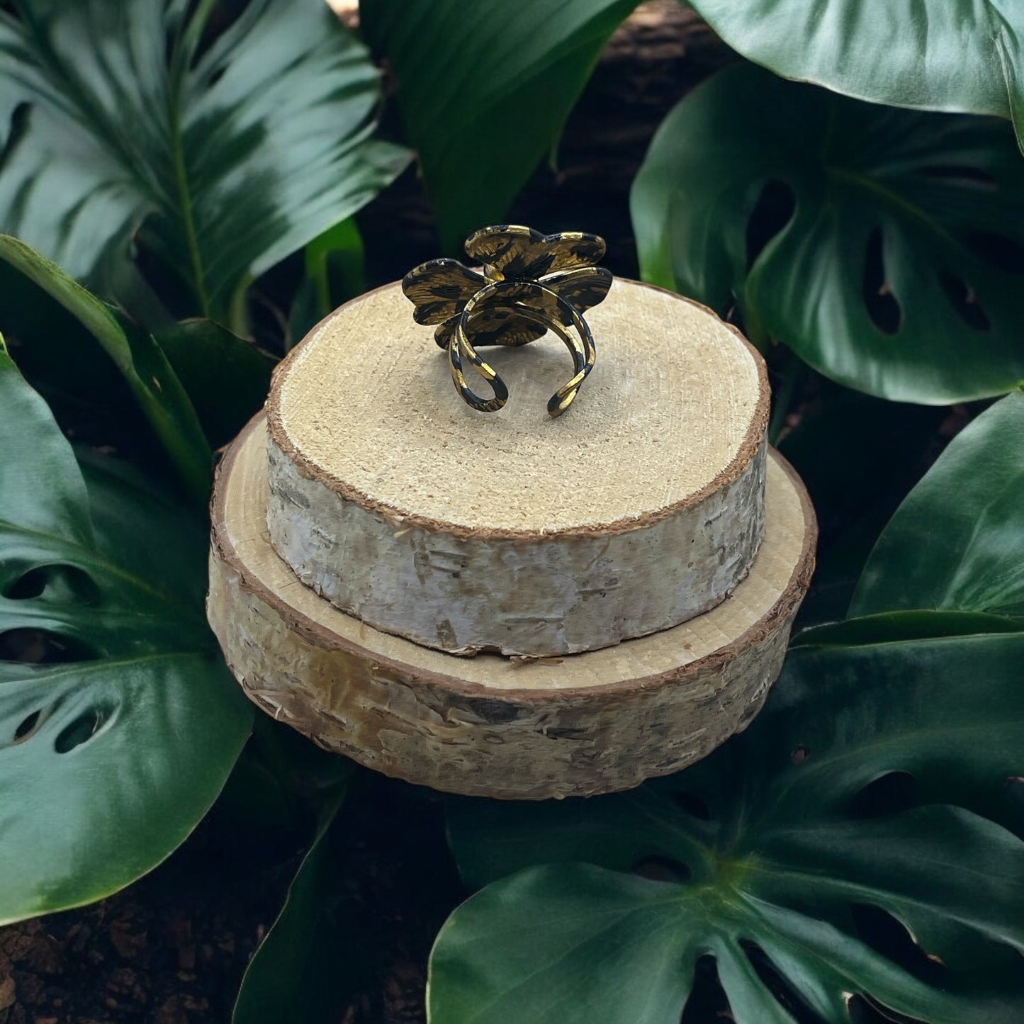 Bague Fleur Léopard - Acier inoxydable - Ajustable