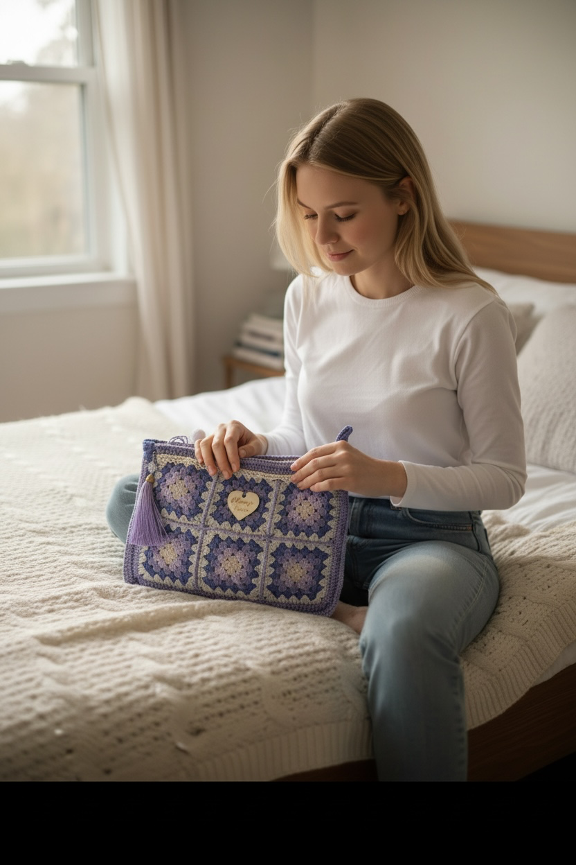 Pochette Crochet avec son coeur "Maman je t'aime" Fait main